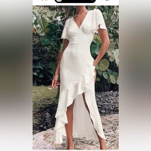 NWT Lulus Ruffled Maxi Dress. White Bridal Shower Rehearsal Bachelorette Gown